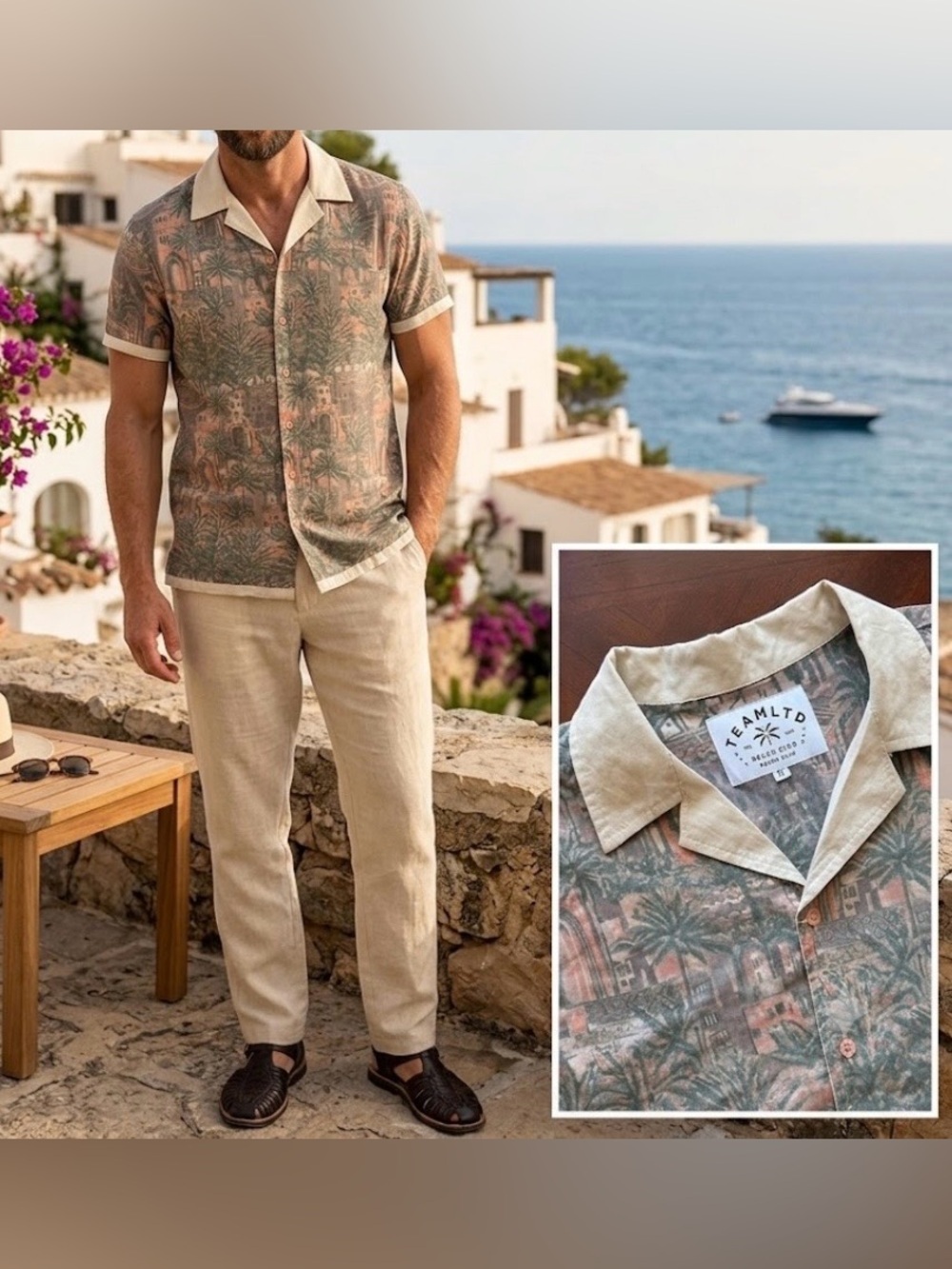 Men's Tropical Print Short-Sleeve Button-Down Shirt in Beige-Green 100% viscose